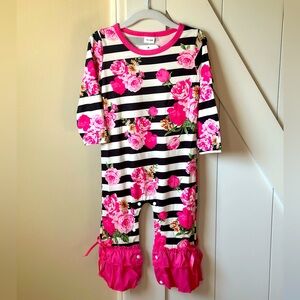 Pretty Pink Floral/Black & White Striped Romper - Size 12-18 months
